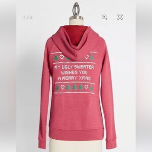Modcloth Next Level Love My Ugly Christmas Sweater Zip Hoodie Sweatahirt Red L